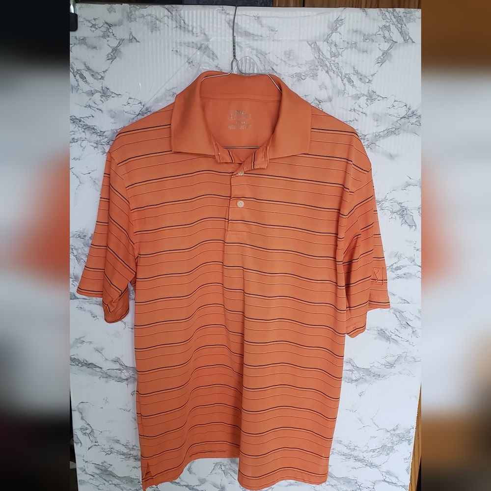 Vibrant Orange Polo with Black Stripes. PGA. Light Weight. Medium